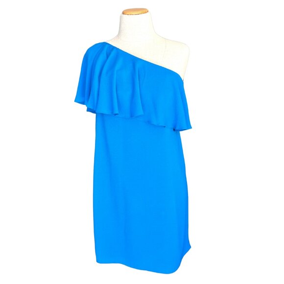 Maggy London One Shoulder Flounce Dress Size 10‎ Sea Blue Crepe Ruffle Shift - Picture 1 of 8